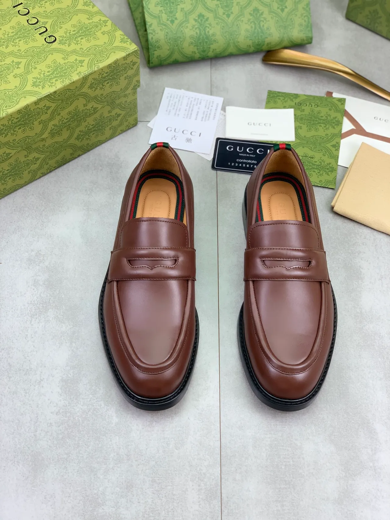 Gucci Penny Loafer Brown Black Strap Smooth Leather Loafer 5
