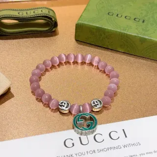 Gucci Pink Green Beaded Stretch Cat's-Eye Stone Bracelet