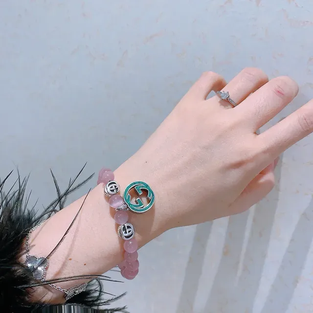 Gucci Pink Green Beaded Stretch Cat's-Eye Stone Bracelet 3