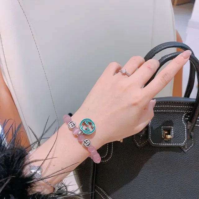Gucci Pink Green Beaded Stretch Cat's-Eye Stone Bracelet 5