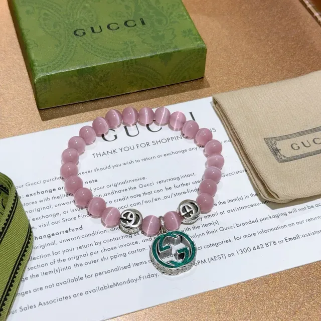 Gucci Pink Green Beaded Stretch Cat's-Eye Stone Bracelet 7