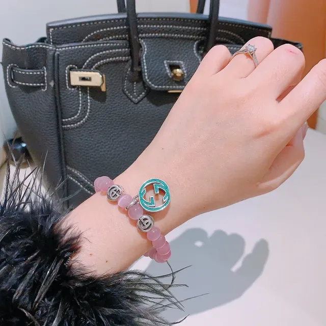 Gucci Pink Green Beaded Stretch Cat's-Eye Stone Bracelet 8
