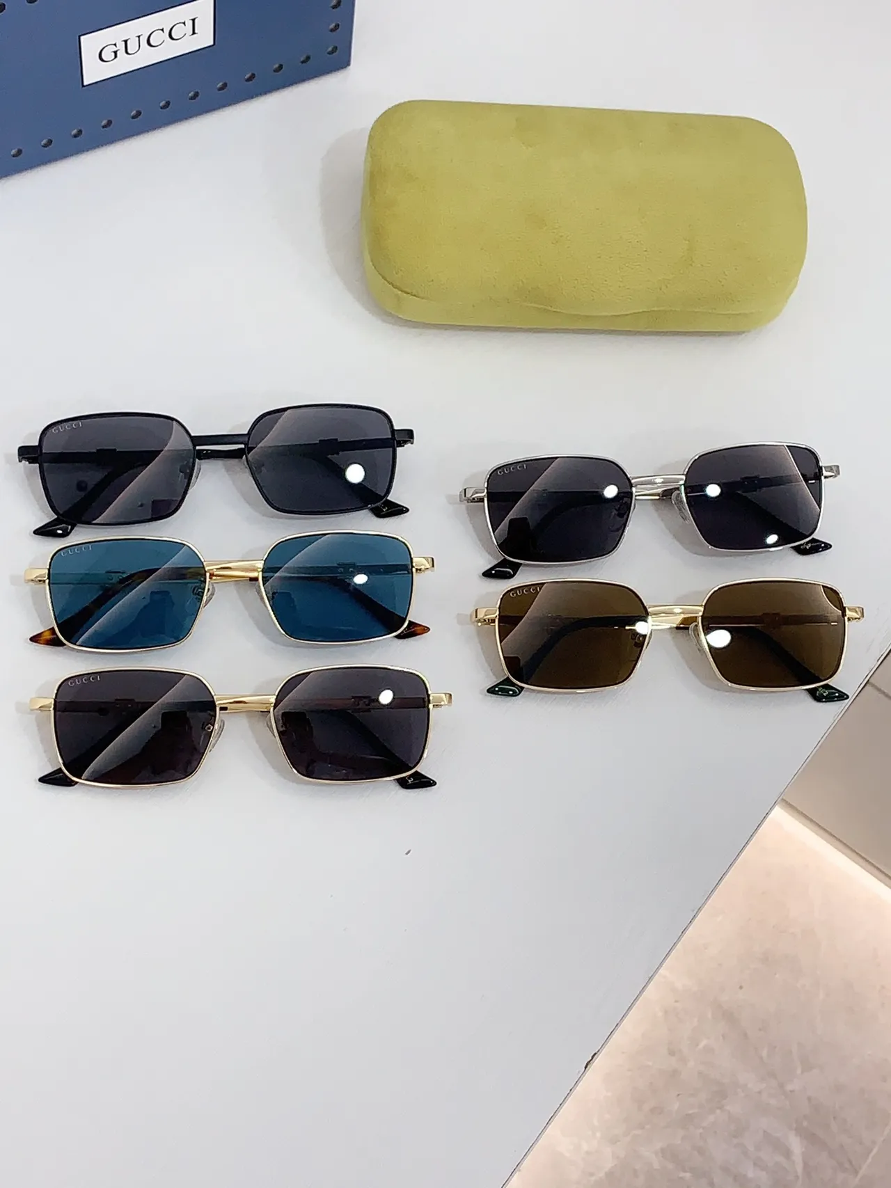 Gucci Rectangular Metal Frame Blue Lens Tortoiseshell Temple Sunglasses 4
