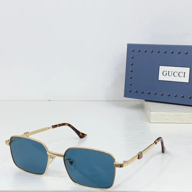 Gucci Rectangular Metal Frame Blue Lens Tortoiseshell Temple Sunglasses 8