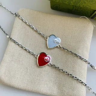 Gucci Red Blue Heart-Shaped Enamel Pendant Interlocking G Logo Necklace