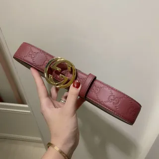Gucci Red Gold Embossed GG Monogram Interlocking G Buckle Leather Belt
