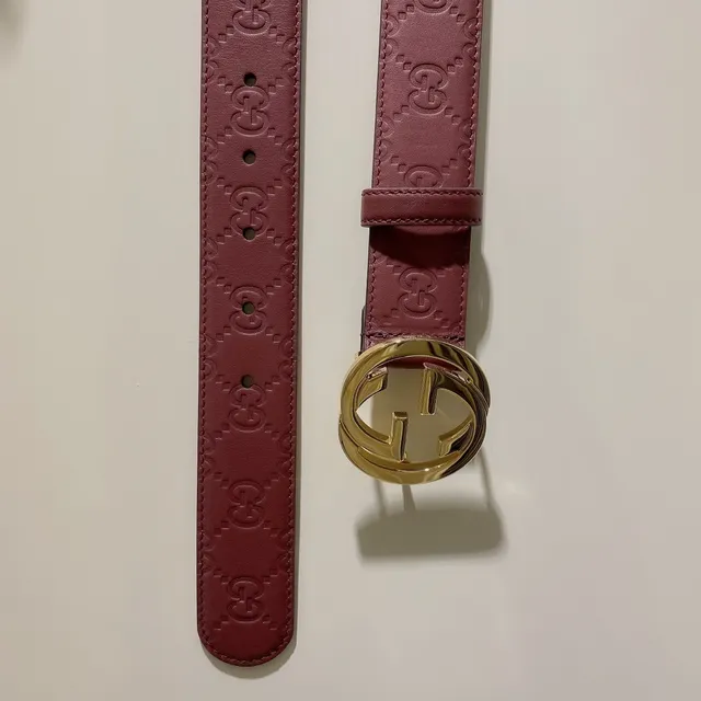 Gucci Red Gold Embossed GG Monogram Interlocking G Buckle Leather Belt 2