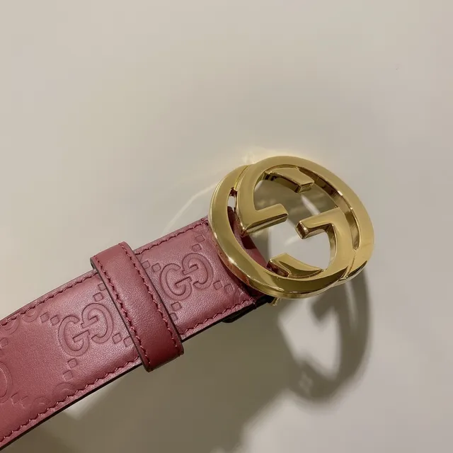 Gucci Red Gold Embossed GG Monogram Interlocking G Buckle Leather Belt 6
