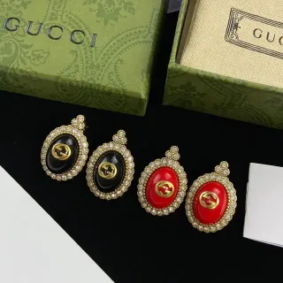 Gucci Red Gold Oval Drop Silhouette Pavé Crystal Halo Earrings
