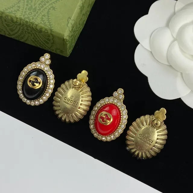 Gucci Red Gold Oval Drop Silhouette Pavé Crystal Halo Earrings 2