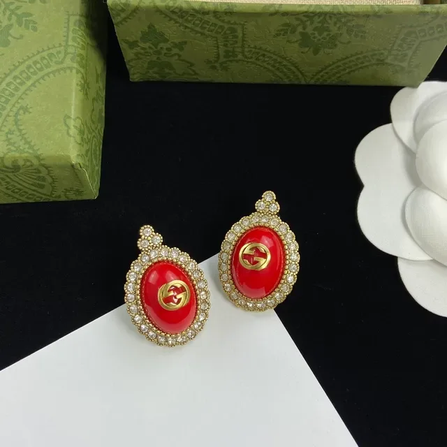 Gucci Red Gold Oval Drop Silhouette Pavé Crystal Halo Earrings 4