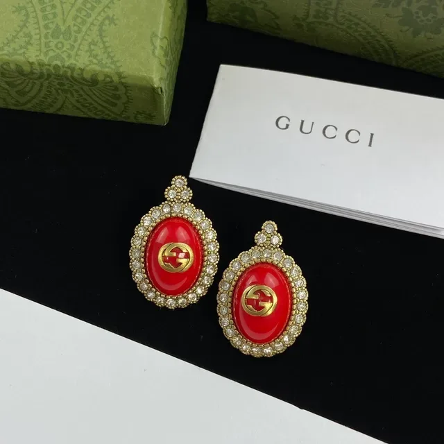 Gucci Red Gold Oval Drop Silhouette Pavé Crystal Halo Earrings 6
