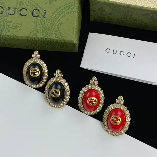 Gucci Red Gold Oval Drop Silhouette Pavé Crystal Halo Earrings 7