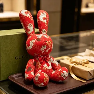 Gucci 红金毛绒刺绣鱼竹图案手提包