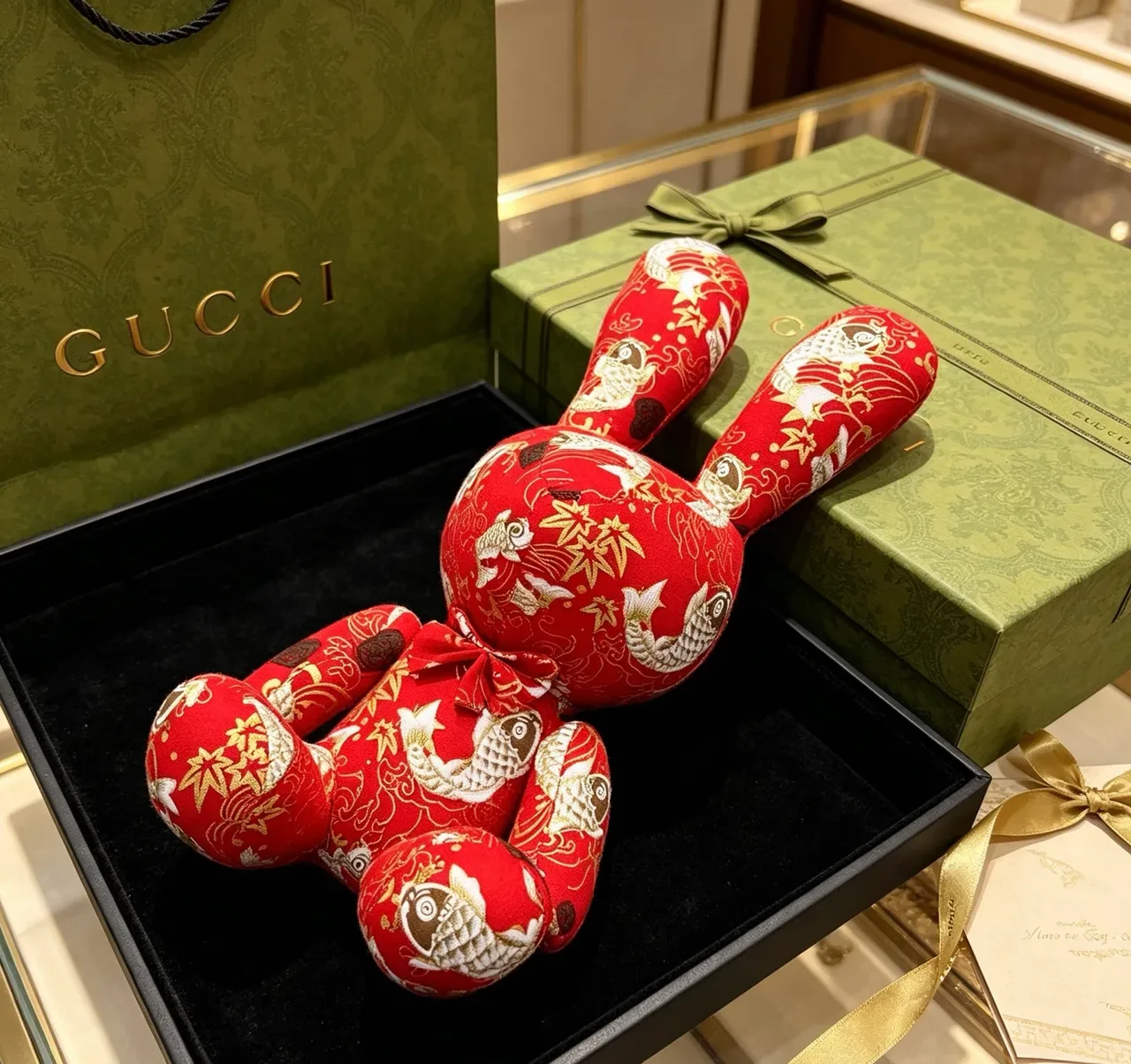 Gucci Red Gold Stuffed Plush Embroidered Fish-and-Bamboo Motif Handbag 2