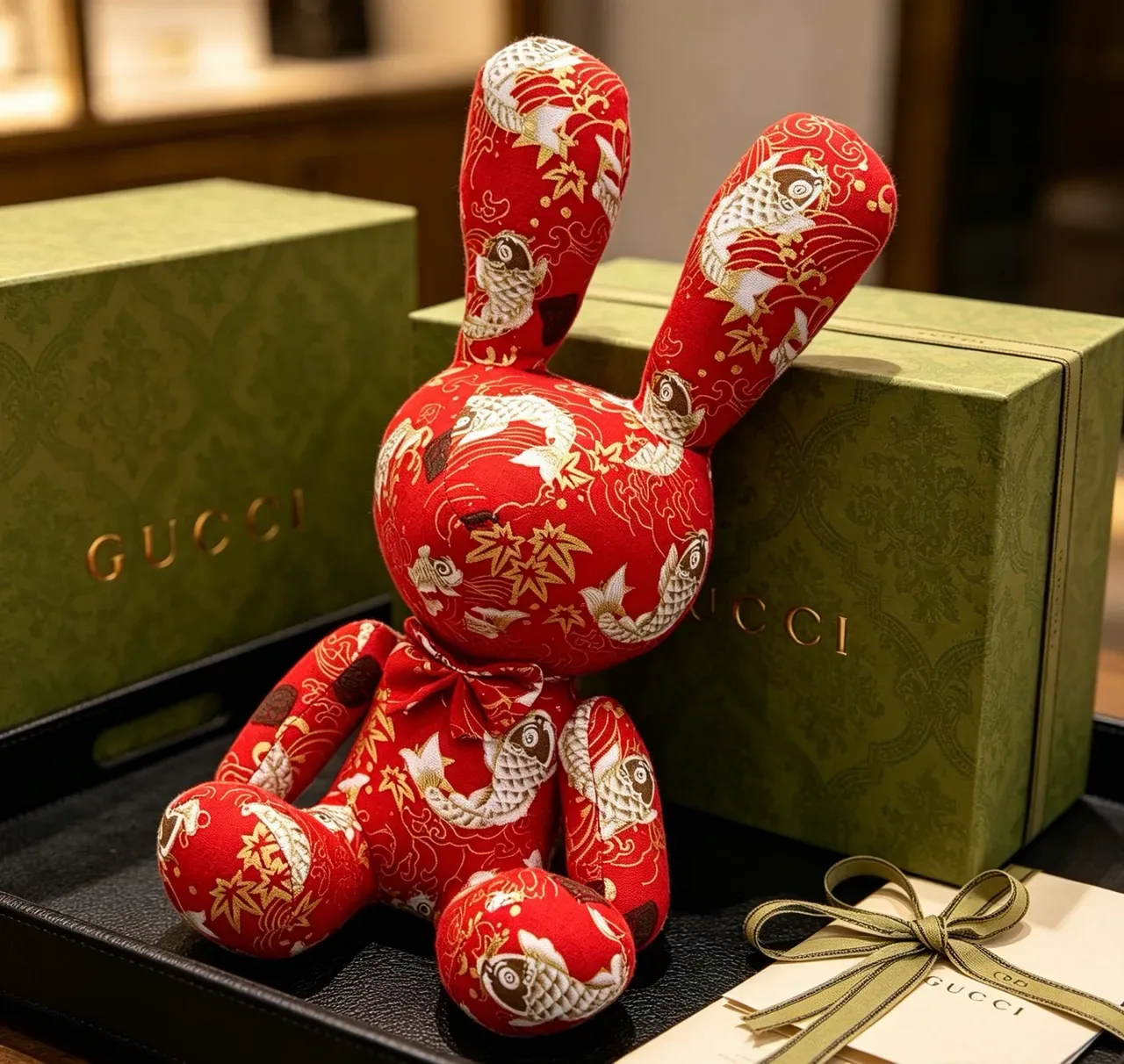 Gucci Red Gold Stuffed Plush Embroidered Fish-and-Bamboo Motif Handbag 6