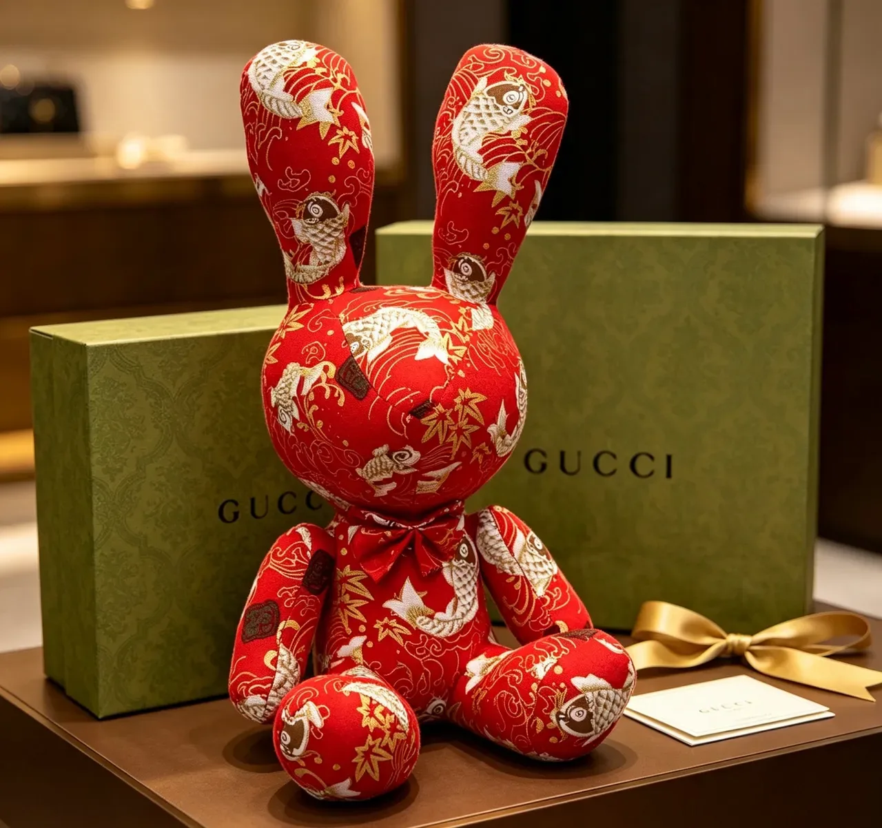 Gucci Red Gold Stuffed Plush Embroidered Fish-and-Bamboo Motif Handbag 7