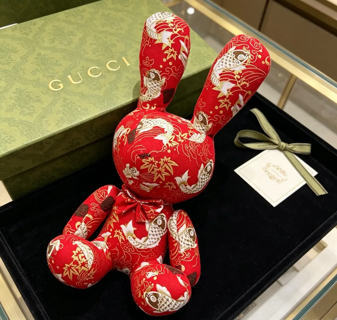 Gucci Red Gold Stuffed Plush Embroidered Fish-and-Bamboo Motif Handbag 8