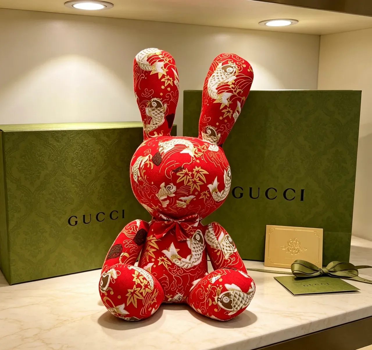 Gucci Red Gold Stuffed Plush Embroidered Fish-and-Bamboo Motif Handbag 9