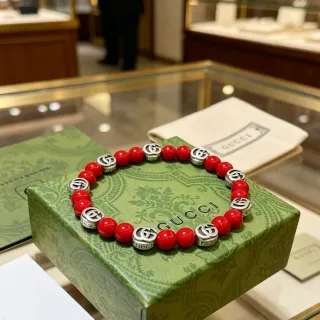 Gucci Red Silver Beaded Interlocking G Charms Bracelet