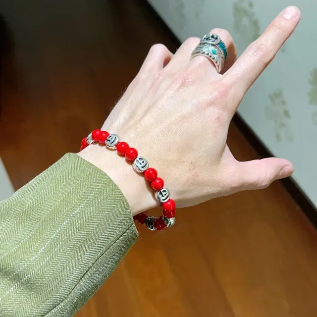 Gucci Red Silver Beaded Interlocking G Charms Bracelet 2
