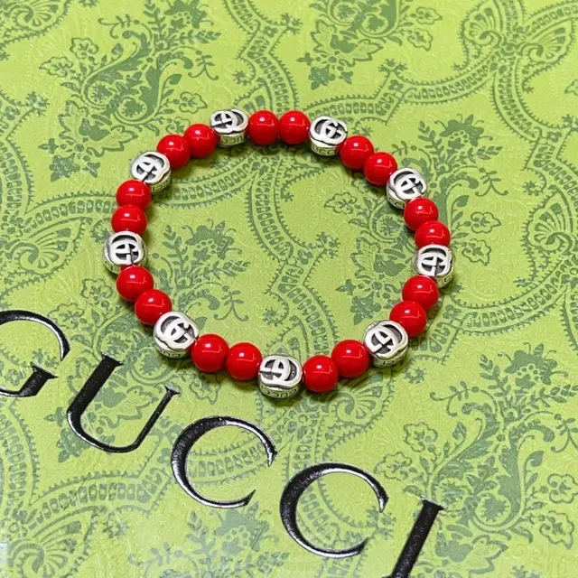 Gucci Red Silver Beaded Interlocking G Charms Bracelet 3