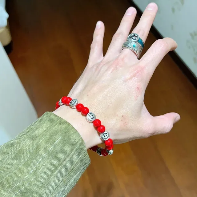 Gucci Red Silver Beaded Interlocking G Charms Bracelet 5