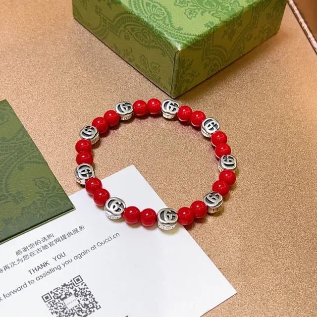 Gucci Red Silver Beaded Interlocking G Charms Bracelet 6
