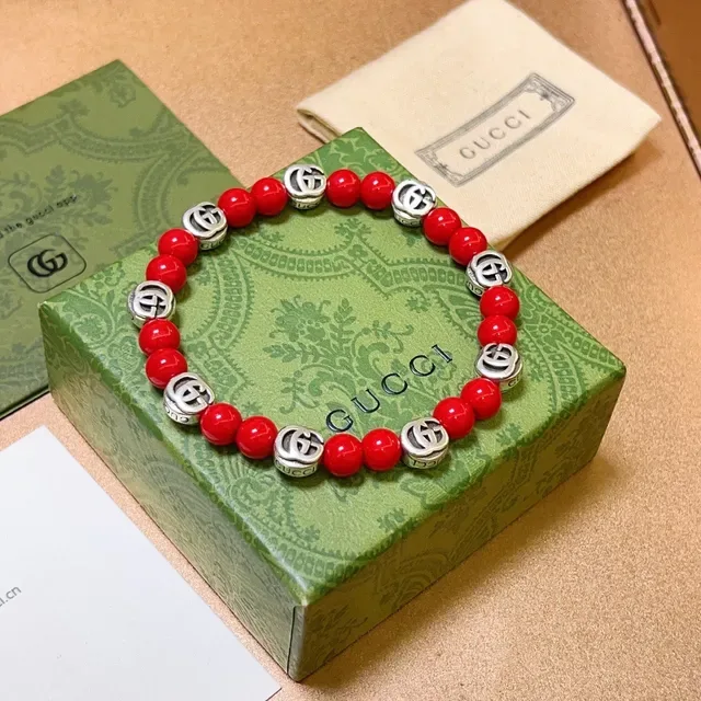 Gucci Red Silver Beaded Interlocking G Charms Bracelet 7