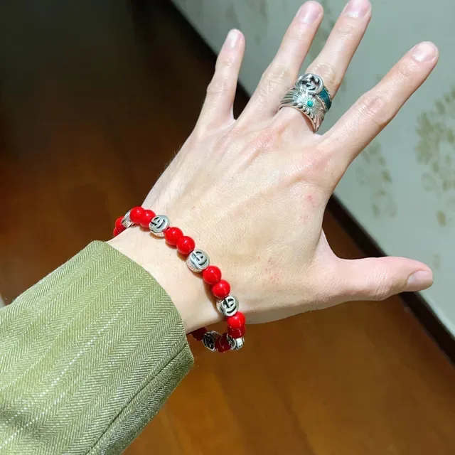 Gucci Red Silver Beaded Interlocking G Charms Bracelet 8