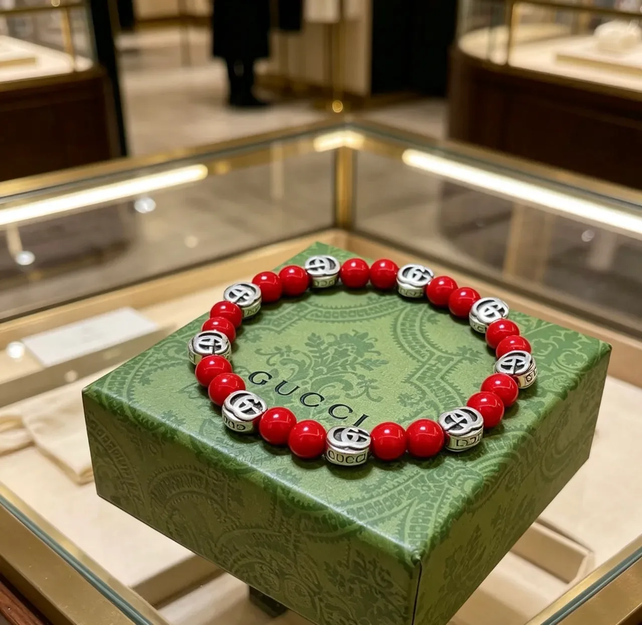 Gucci Red Silver Beaded Interlocking G Charms Bracelet 9
