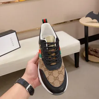 Gucci Rhyton Beige Black Monogram Canvas Leather Overlays Lifestyle Sneakers