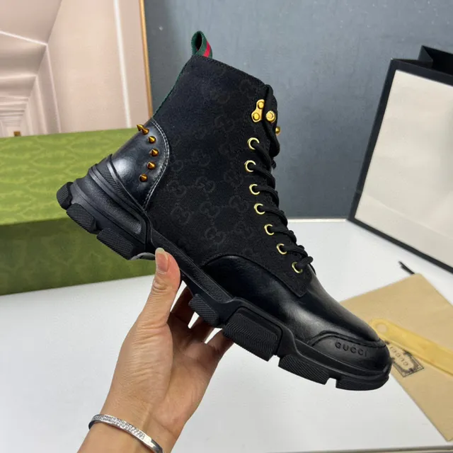 Gucci Rhyton Black Monogram Canvas and Leather Combat Boot 5