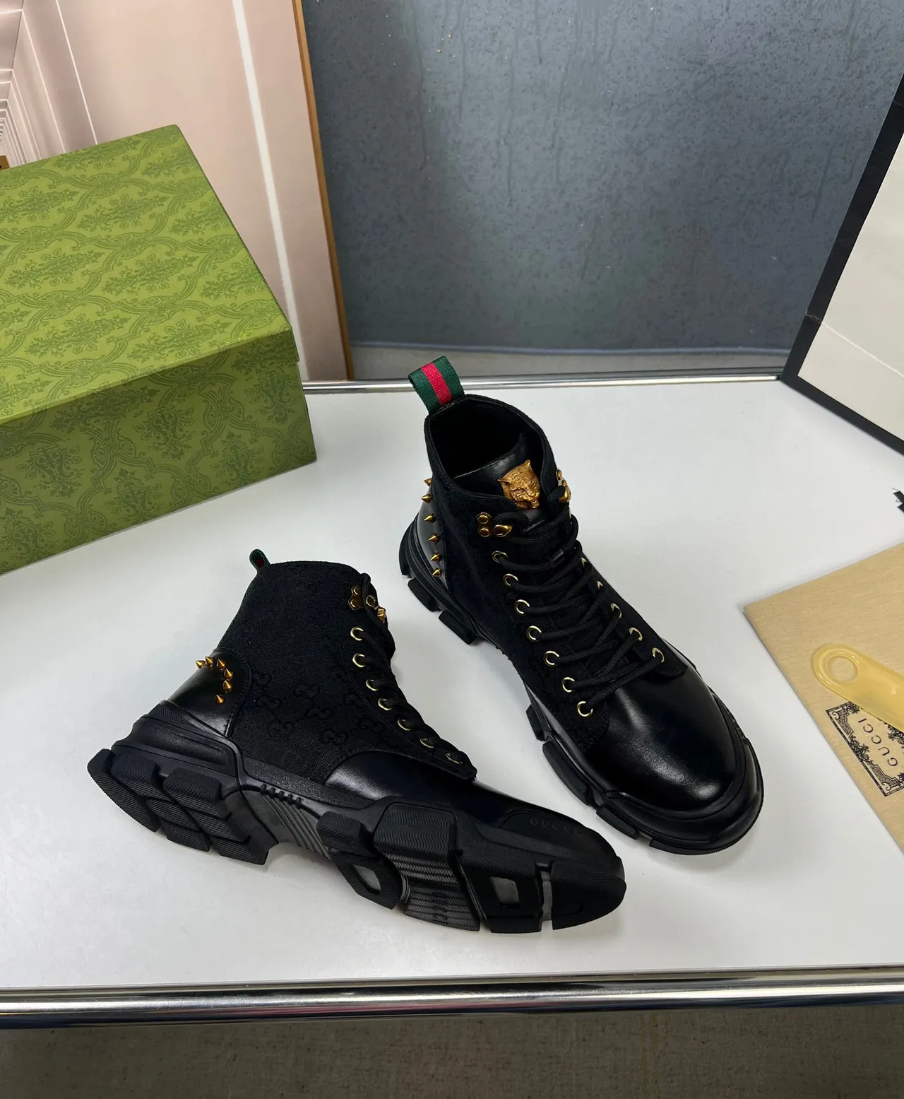 Gucci Rhyton Black Monogram Canvas and Leather Combat Boot 6
