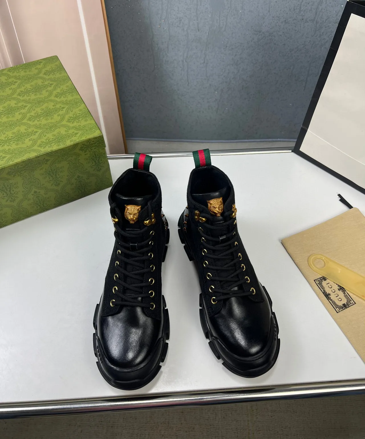 Gucci Rhyton Black Monogram Canvas and Leather Combat Boot 8