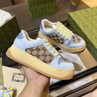 Gucci Rhyton أزرق بيج نعل منصة GG Monogram Canvas Chunky Sneakers