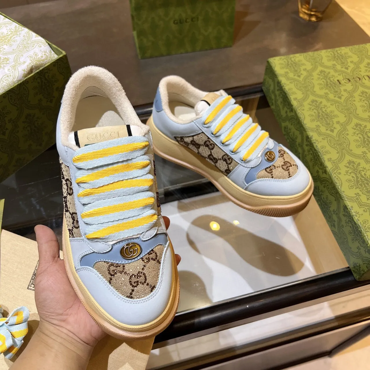 Gucci Rhyton Blue Beige Platform Sole GG Monogram Canvas Chunky Sneakers 2