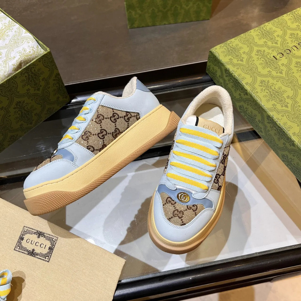 Gucci Rhyton Blue Beige Platform Sole GG Monogram Canvas Chunky Sneakers 3