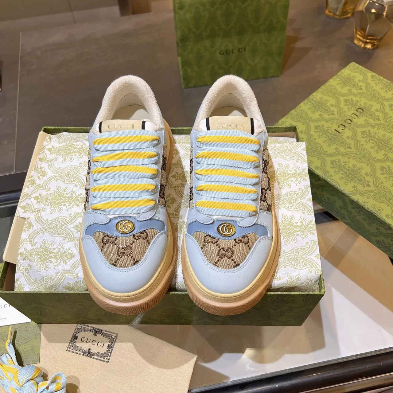 Gucci Rhyton Blue Beige Platform Sole GG Monogram Canvas Chunky Sneakers 4