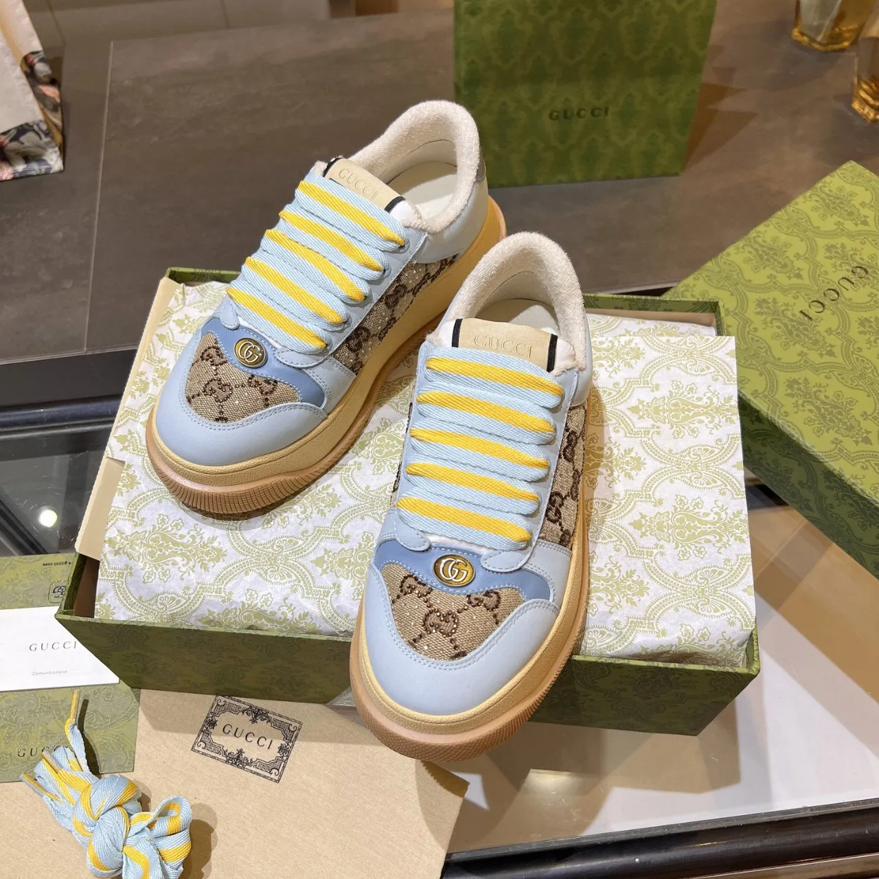 Gucci Rhyton Blue Beige Platform Sole GG Monogram Canvas Chunky Sneakers 5