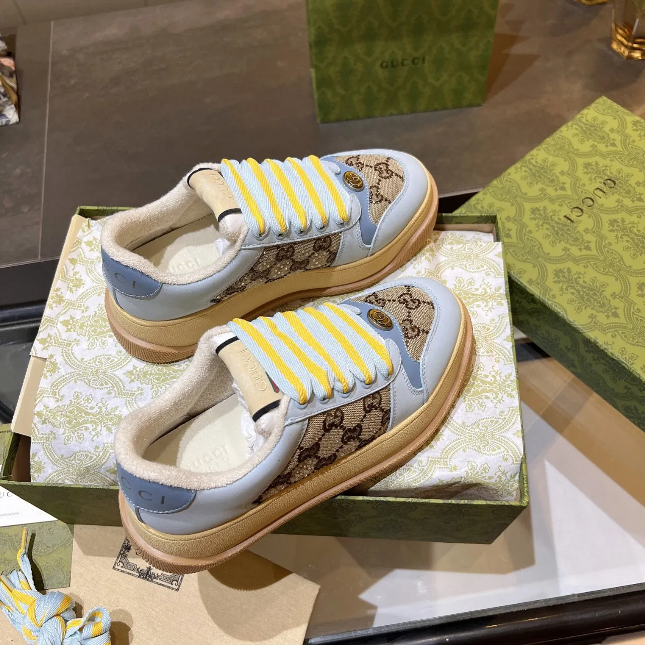 Gucci Rhyton Blue Beige Platform Sole GG Monogram Canvas Chunky Sneakers 6