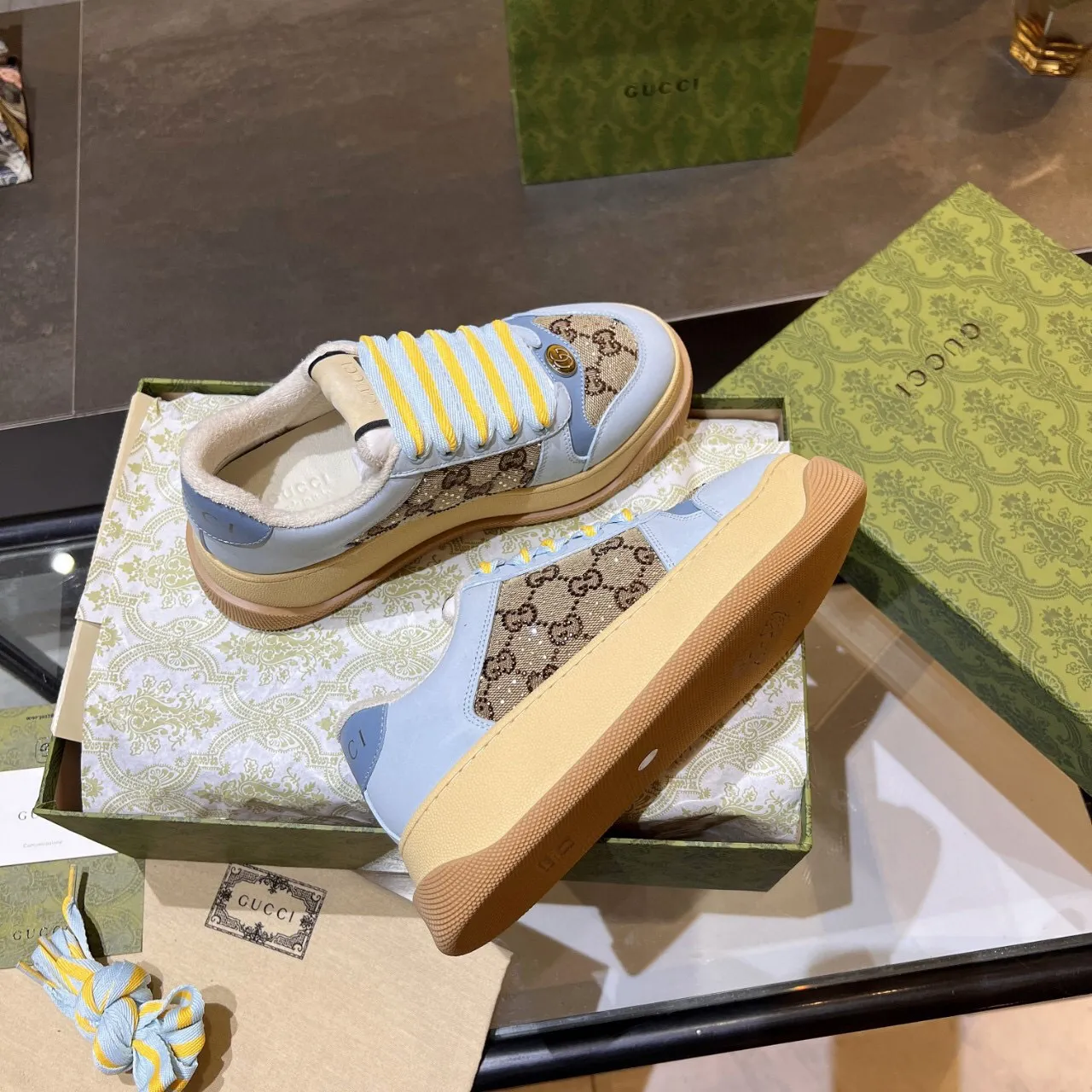 Gucci Rhyton Blue Beige Platform Sole GG Monogram Canvas Chunky Sneakers 7