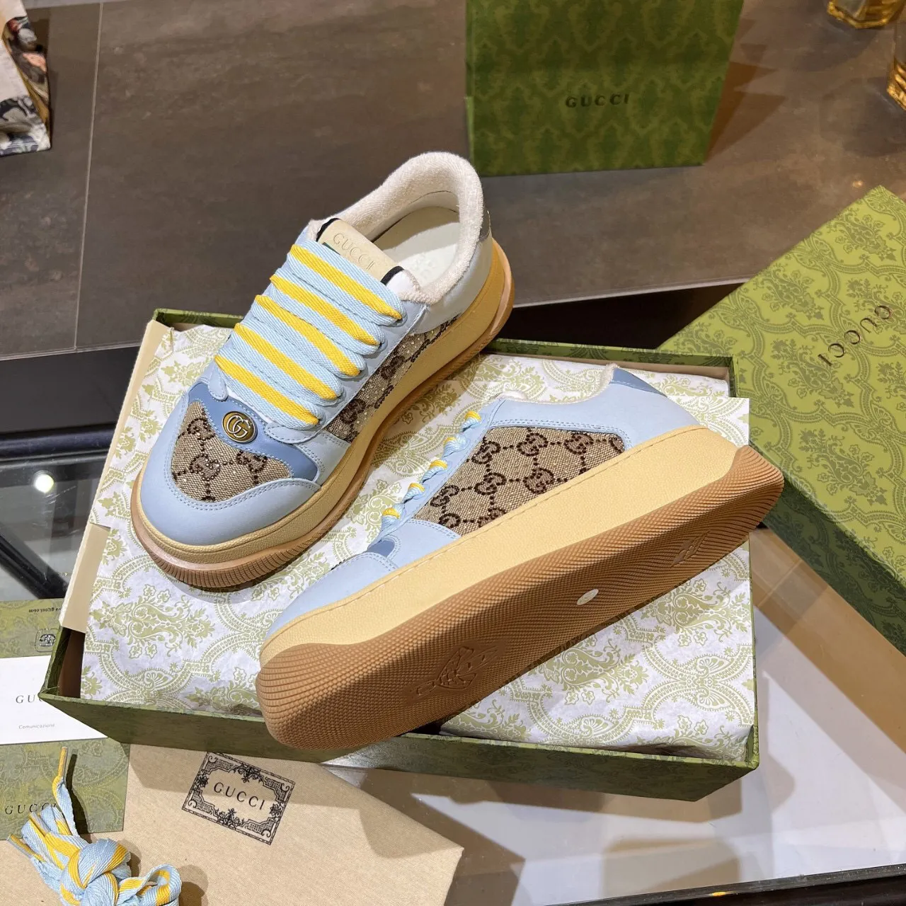 Gucci Rhyton Blue Beige Platform Sole GG Monogram Canvas Chunky Sneakers 8