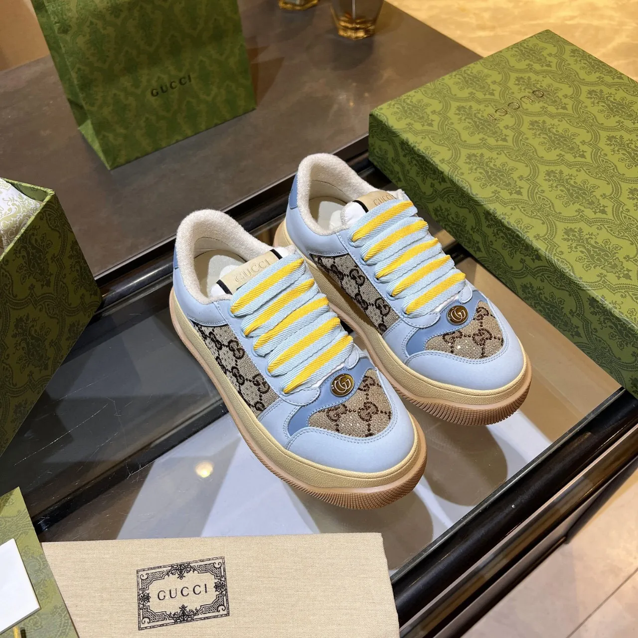 Gucci Rhyton Blue Beige Platform Sole GG Monogram Canvas Chunky Sneakers 9