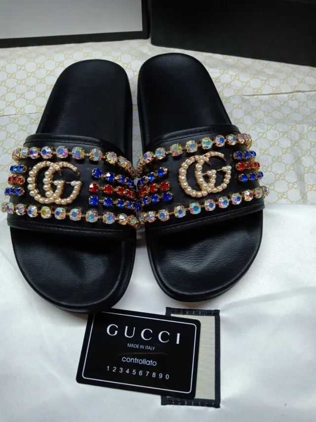 Gucci Screener Black Multicolor Crystal-Embellished Pearl-Accented Slippers 1