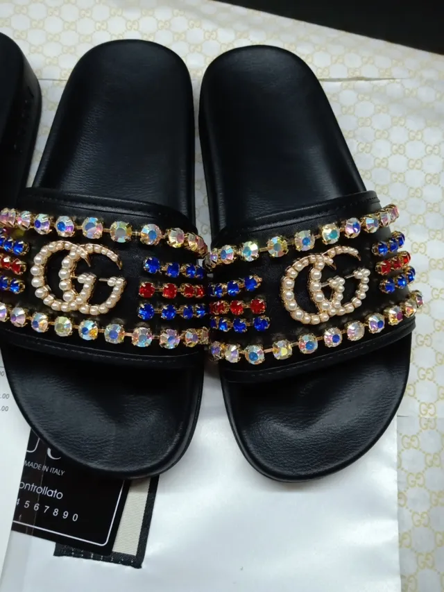 Gucci Screener Black Multicolor Crystal-Embellished Pearl-Accented Slippers 2