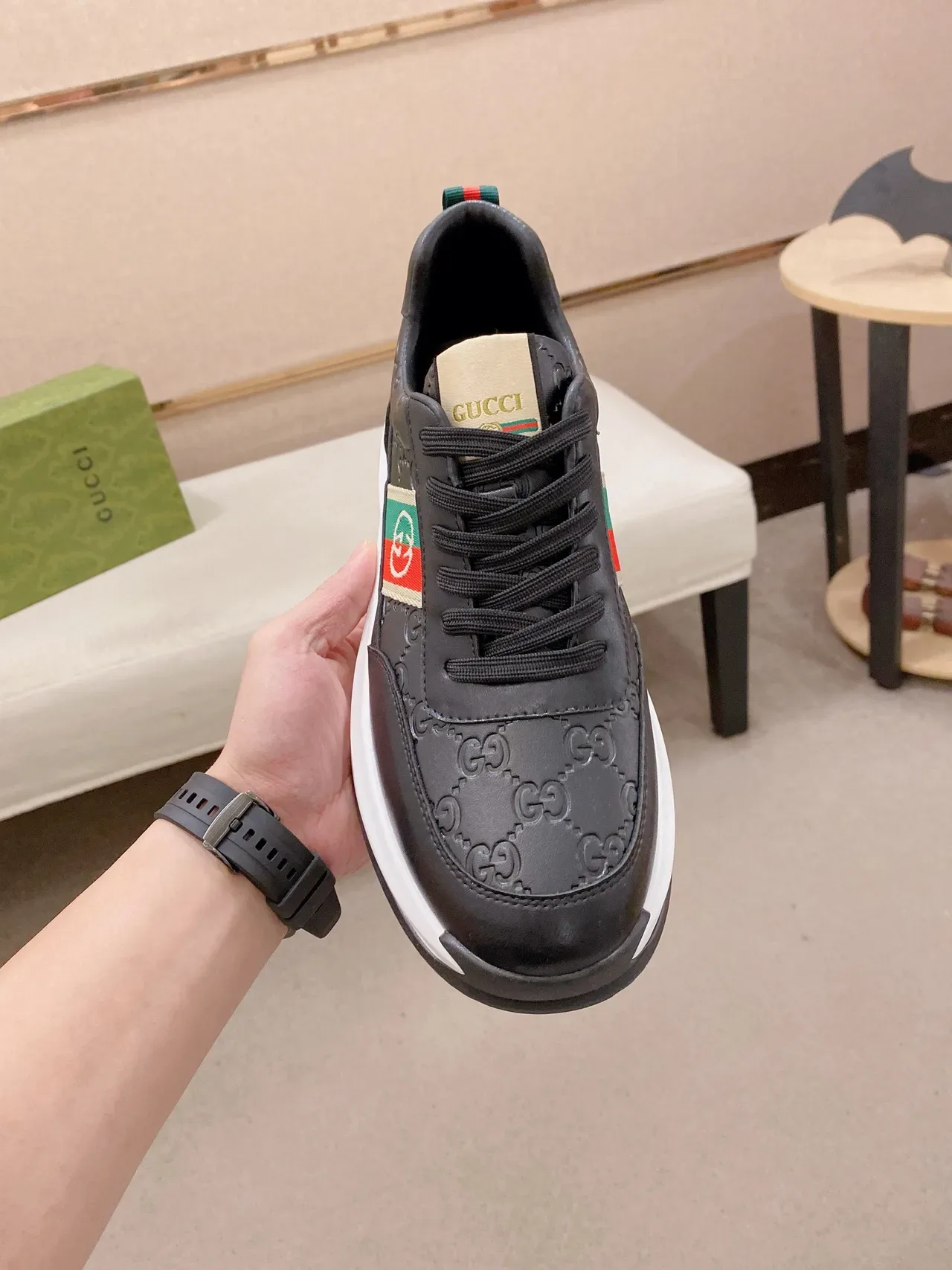 Gucci Screener Black White Leather Upper Embossed GG Monogram Lifestyle Sneakers 2