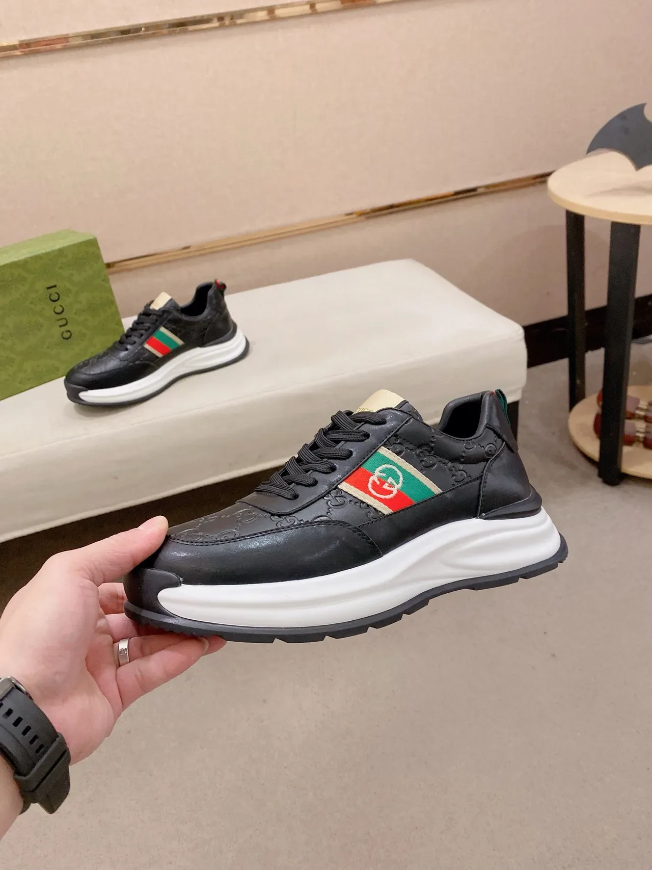 Gucci Screener Black White Leather Upper Embossed GG Monogram Lifestyle Sneakers 3