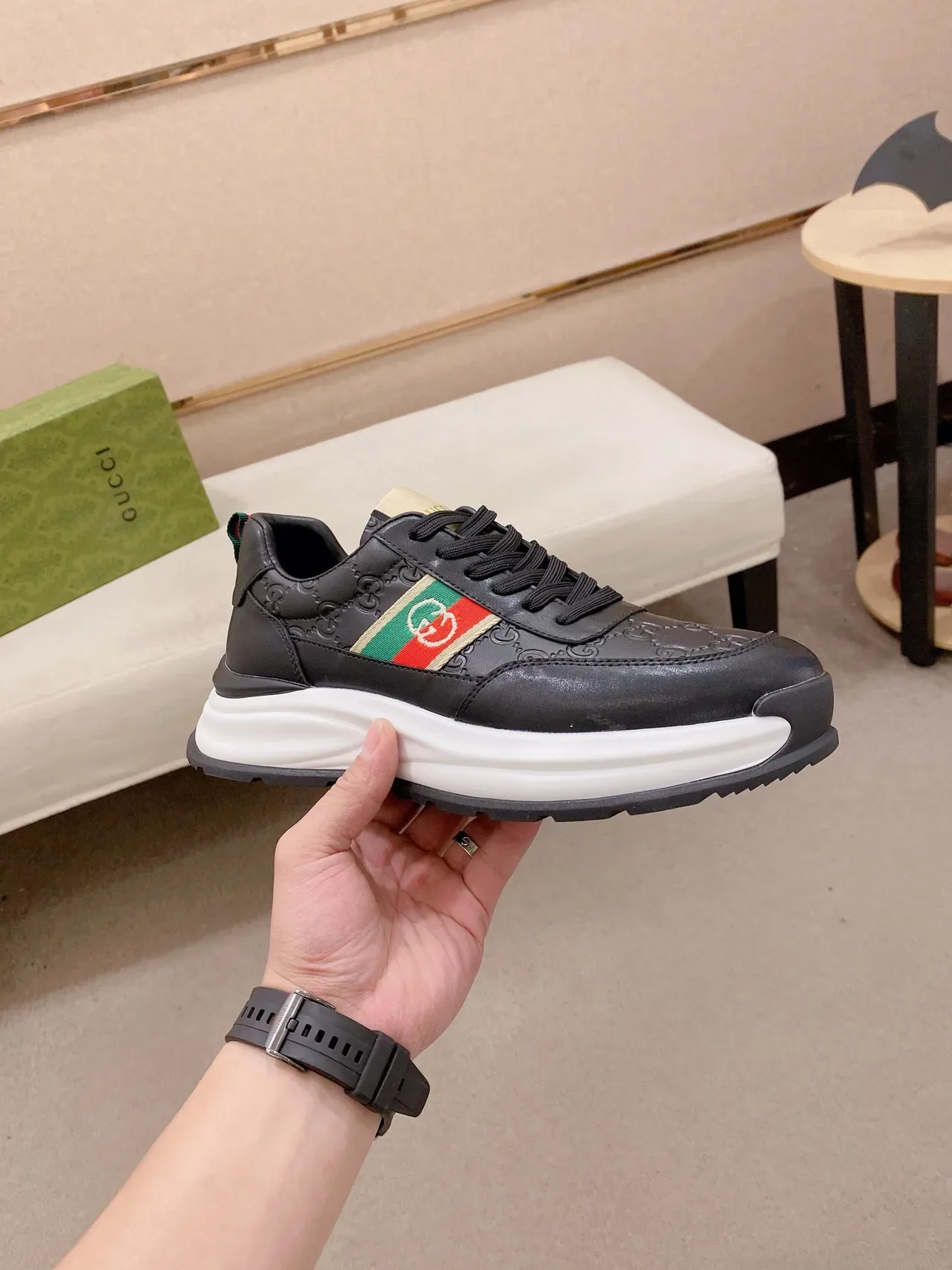 Gucci Screener Black White Leather Upper Embossed GG Monogram Lifestyle Sneakers 4