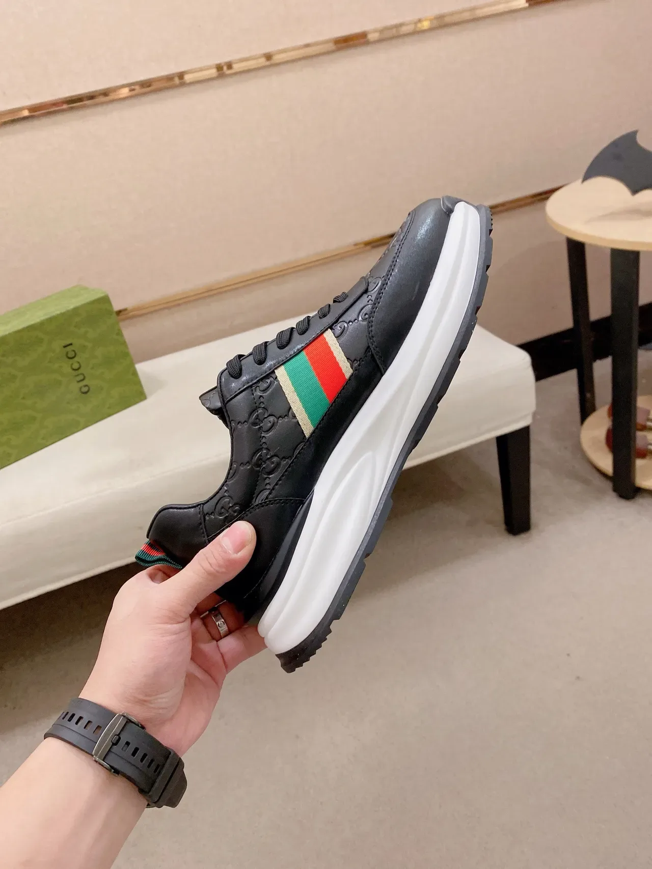 Gucci Screener Black White Leather Upper Embossed GG Monogram Lifestyle Sneakers 5